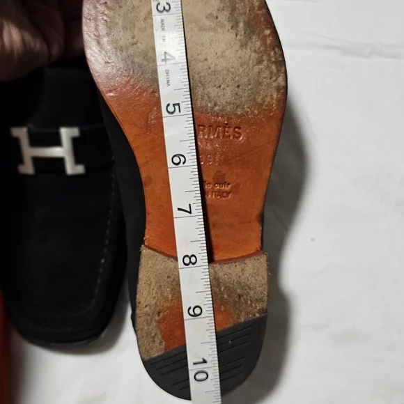 Hermes Black Suede Loafers with Silver Accent